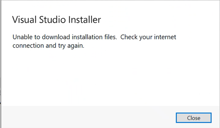 Fehlermeldung des Visual Studio-Installations-Assistenten, die besagt, dass das Installationsprogramm keine Installationsdateien herunterladen kann.