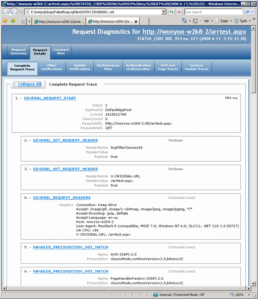 Screenshot eines Browserfensters mit der Anforderungsdiagnose für die Beispielwebsite auf einer Registerkarte.
