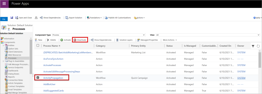 Deaktivieren Sie den ActivityPropagation-Workflow.