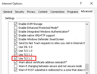Screenshot der option TLS 1.2, die im Fenster 