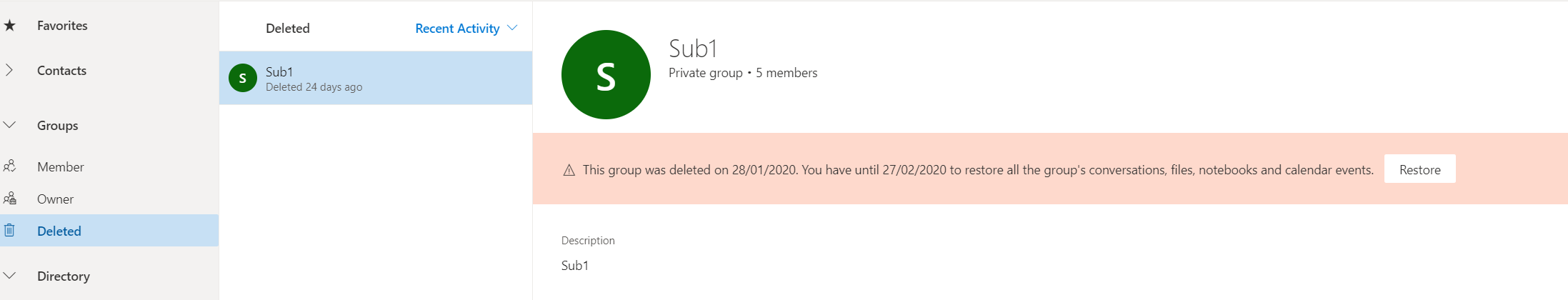 Screenshot von gelöschten Gruppen beim Auswählen von 
