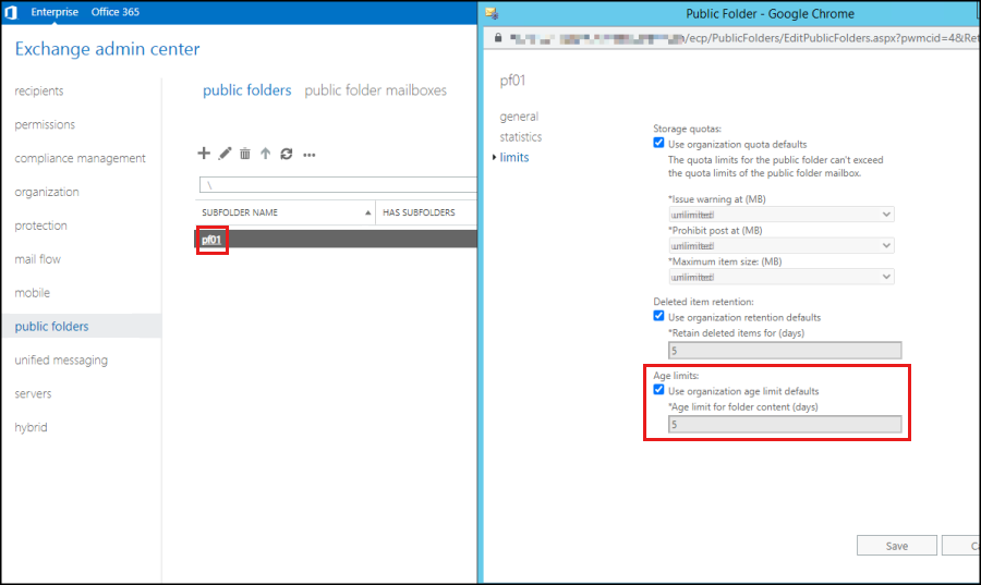 Screenshot zum Überprüfen der Altersgrenze im Exchange Admin Center.