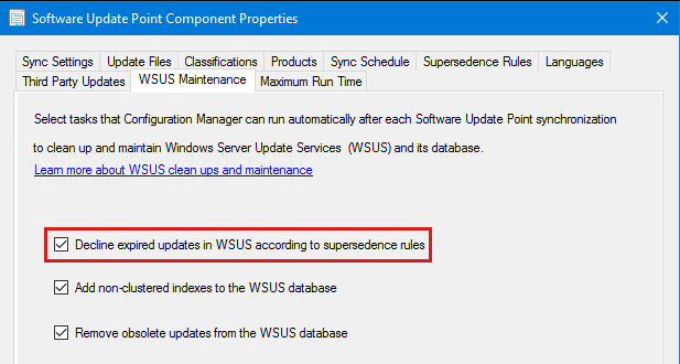 Screenshot of the Decline expired updates in WSUS according to supersedence rules option under WSUS Maintenance tab.