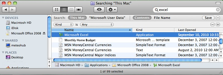 Screenshot des Ergebnisses durch Eingeben von Excel in das Suchfeld.