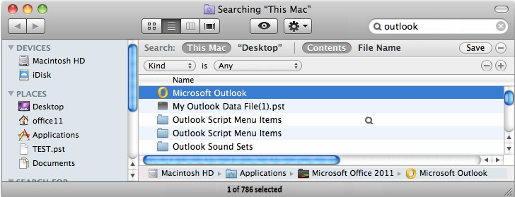 Screenshot des Ergebnisses durch Eingabe von Outlook in das Suchfeld.