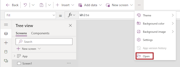 Screenshot: Popup am Ende der Menüleiste in Power Apps Studio mit weiteren Menüelementen Die Option Öffnen ist hervorgehoben.