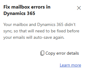 Screenshot: Beheben von Postfachfehlern in Dynamics 365 Fehler, der während der serverseitigen Synchronisierung auftritt.