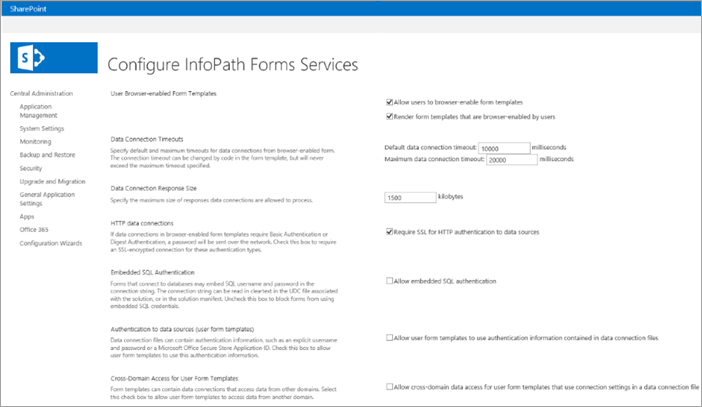 Screenshot der InfoPath Forms Services-Konfigurationen in der lokalen SharePoint-Umgebung.