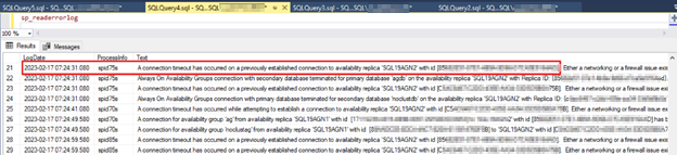 Screenshot, der das im SQL19AGN1 Fehlerprotokoll gemeldete Verbindungstimeout zeigt.