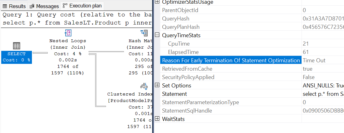 Screenshot: Timeout des Optimierers im Abfrageplan in SSMS