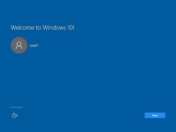 Screenshot der zweiten Startphase 1, die die Willkommensseite von Windows 10 zeigt.