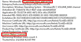 Screenshot einer Beispielausgabe des Befehls, die zeigt, dass der ESU-Schlüssel lizenziert ist.