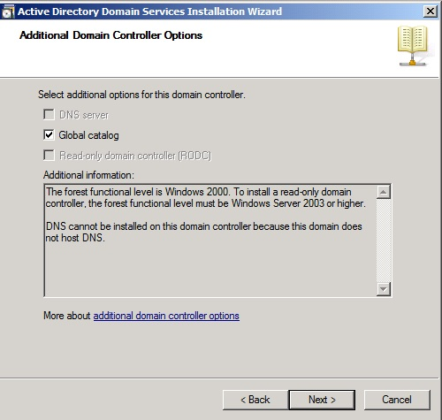 Screenshot des Fensters des Active Directory Domain Services-Installations-Assistenten mit ausgegrauten Kontrollkästchen für den DNS-Server und den schreibgeschützten Domänencontroller.