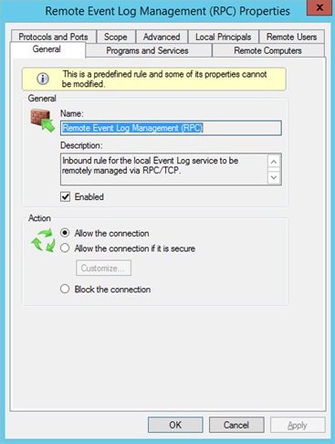 Screenshot des RPC-Eigenschaftenfenster (Remote Event Log Management, Remoteereignisprotokollverwaltung) mit aktivierter Firewallregel