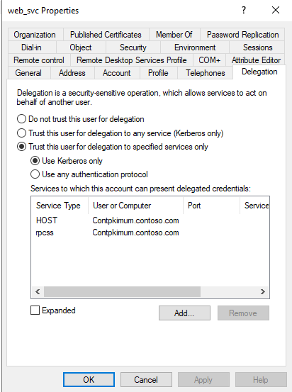 Konfigurieren Sie web_svc Eigenschaften auf der Registerkarte Delegierung im Dialogfeld Eigenschaften.