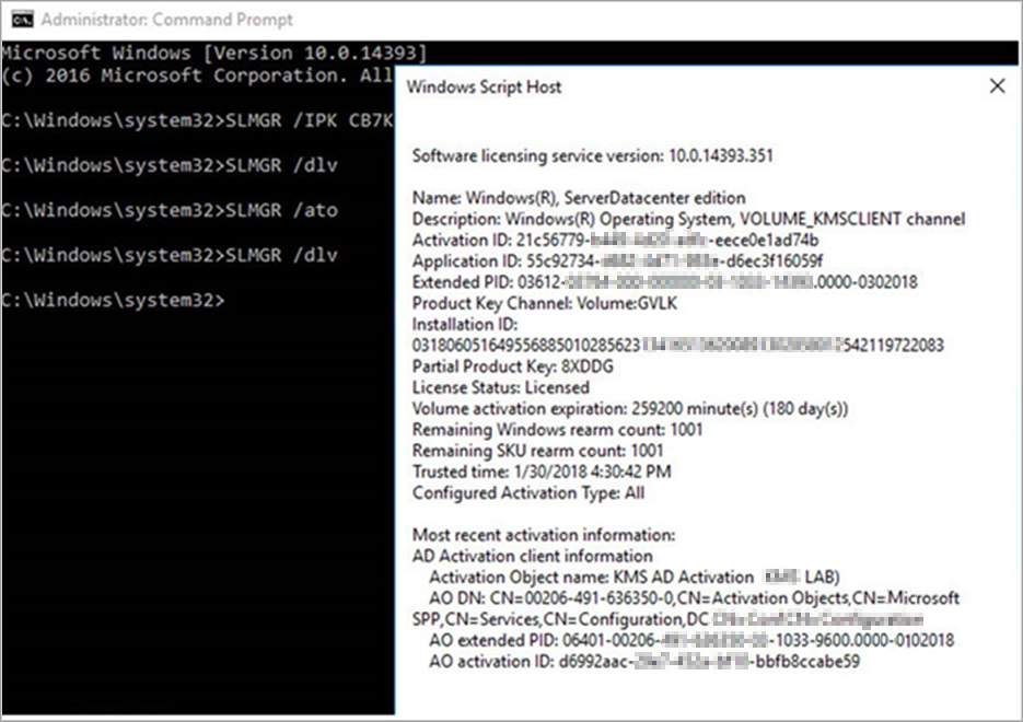 Screenshot des Eingabeaufforderungsfensters mit dem Befehl slmgr /dlv und der resultierenden Meldung, dass der Benutzer von Active Directory aktiviert wurde.
