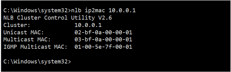 Das NLB IP2MAC-Tool erstellt eine Liste der MAC-Adressen für eine bestimmte Cluster-IP.The NLB IP2MAC tool erzeugt a list of MAC addresses for a given cluster IP.