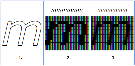 Screenshot that shows three versions of the letter M. Smooth, severely pixelated, and subtly pixelated.