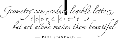English text formatted with a calligraphic font. The text is shown as though in an edit control with a letter 'e' selected and a palette of alternate glyphs for 'e' displayed.