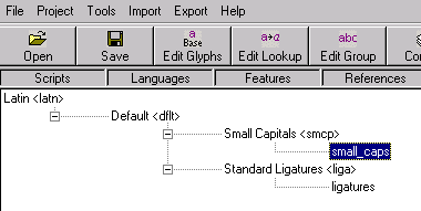 Screenshot showing the Small Capitals feature and small caps lookup added under the Default language for Latin script.