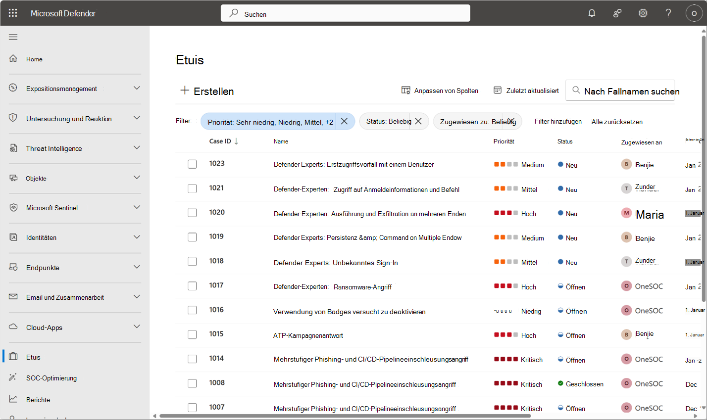 Screenshot: Warteschlange für Fälle im Defender-Portal