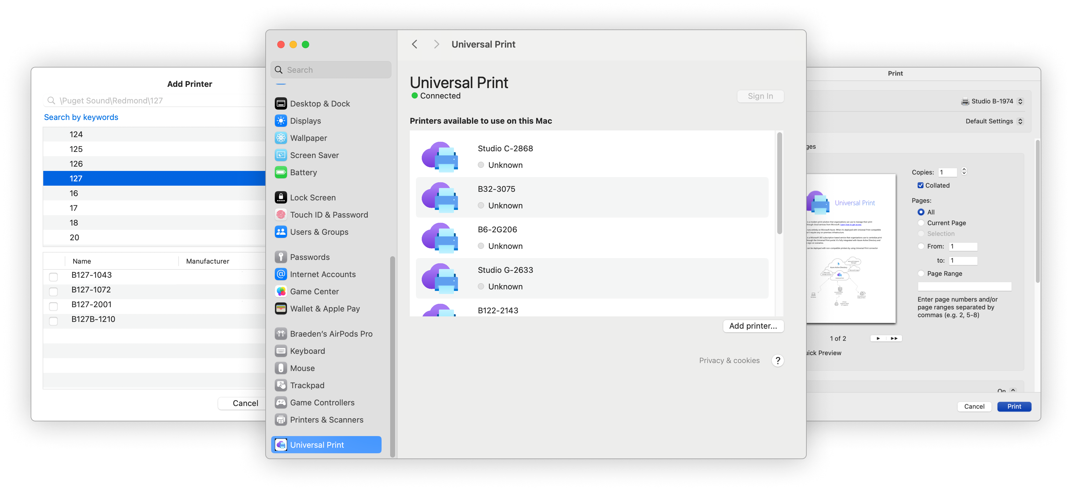 Collage von Universal Print Screenshots unter macOS