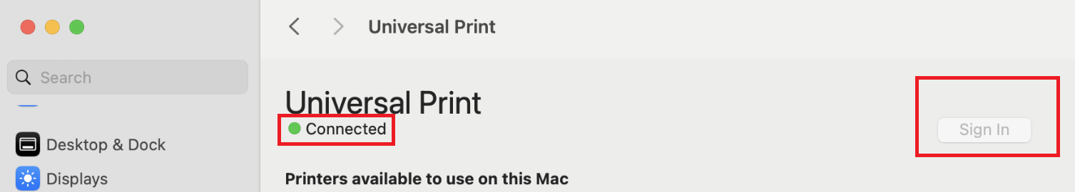 Screenshot eines Benutzers, der bei der Universal Print-App unter macOS angemeldet ist