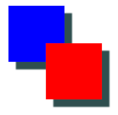 Ein rotes Quadrat, das ein blaues Quadrat mit einem Schatten überschneidet, der auf jedes Quadrat angewendet wird.