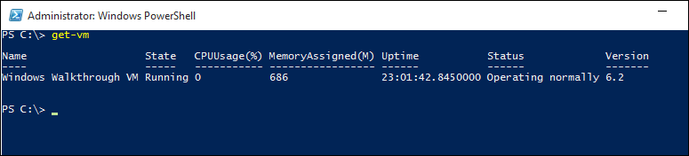Screenshot of the Administrator Windows Power Shell screen showing the output after entering Get V M.
