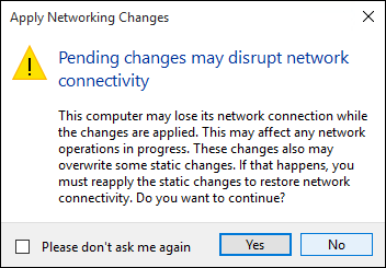 Screenshot of the Apply Networking Changes message with a focus on the Yes option.