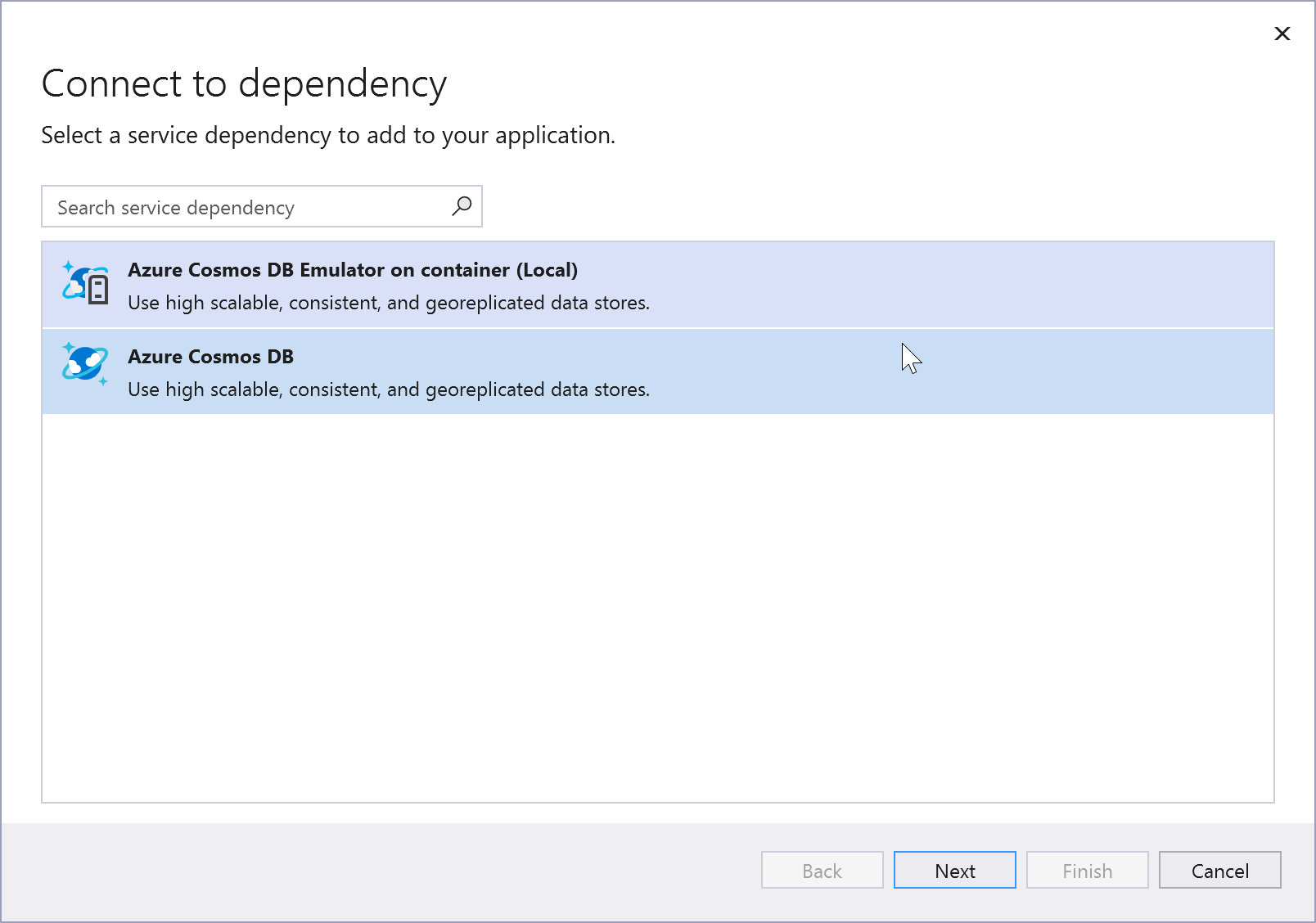 Screenshot: Auswahlmöglichkeiten für Azure Cosmos DB