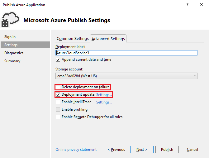 Publish Azure Application Advanced Settings tab