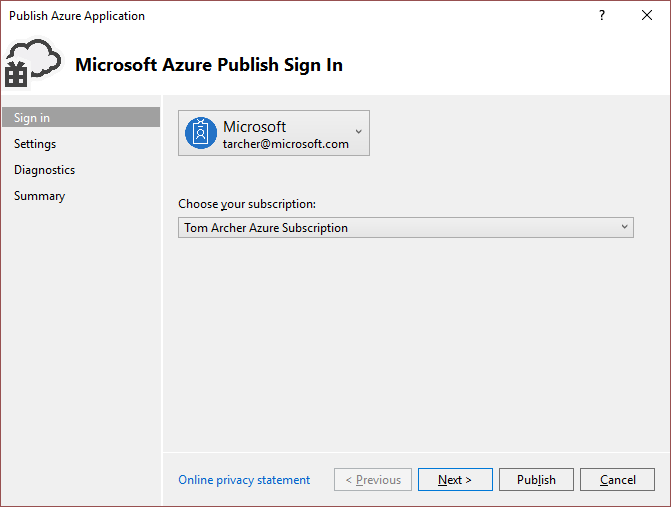Publish Azure Application Sign In page