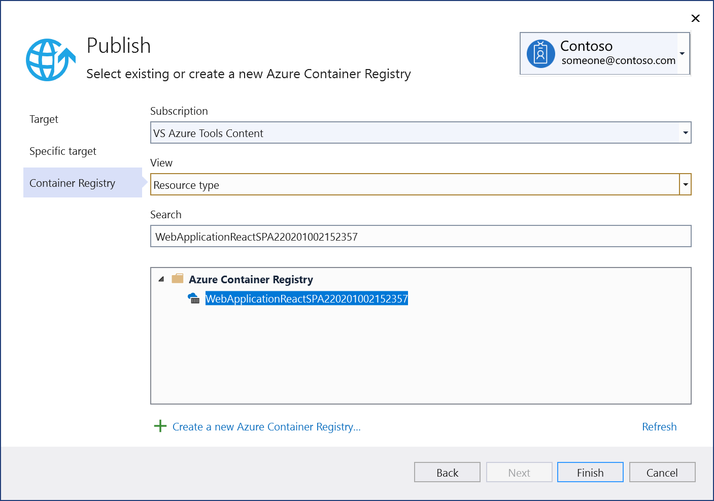 Screenshot: Auswählen oder Erstellen einer neuen Azure Container Registry-Instanz.