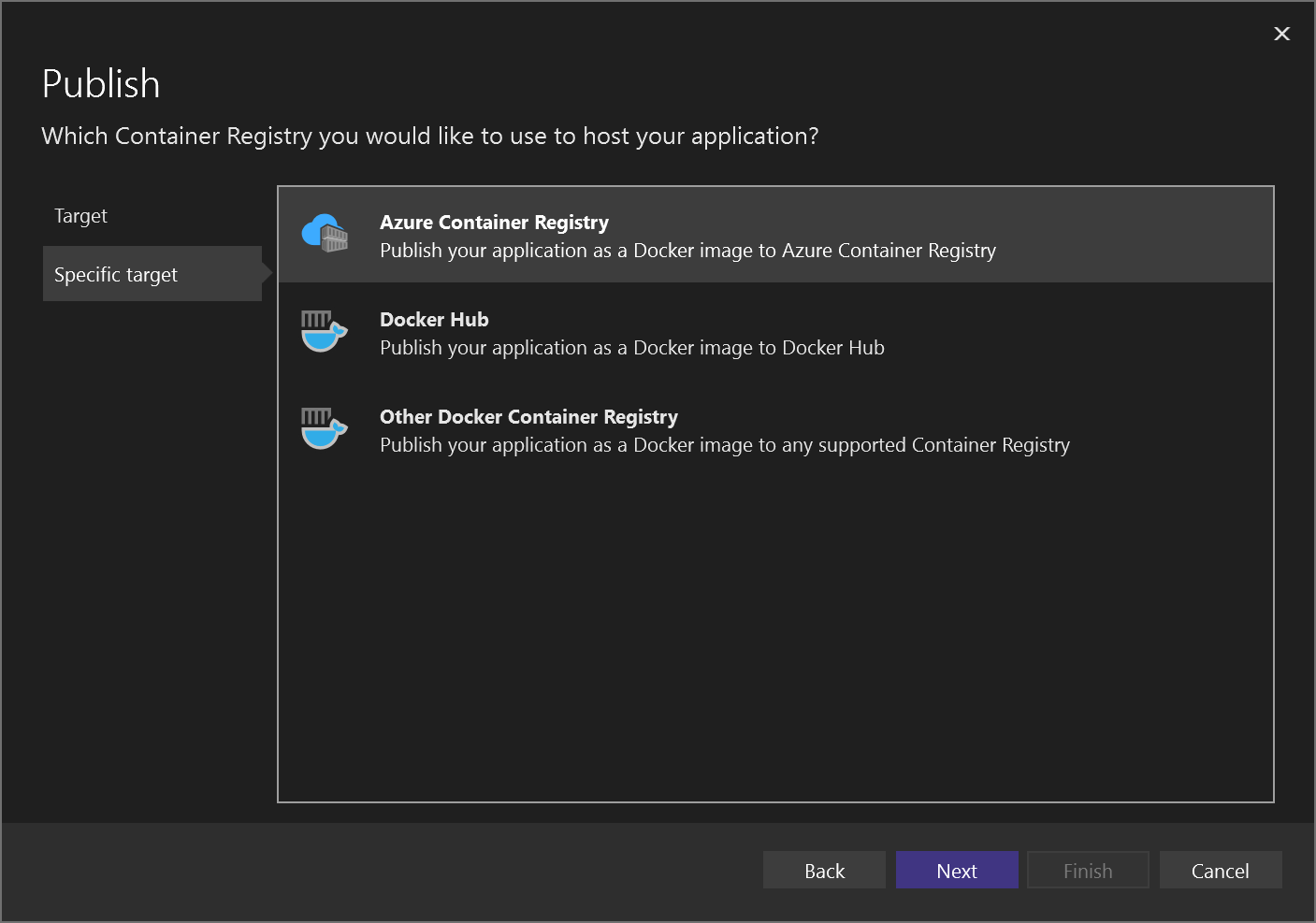 Screenshot: Auswählen von „Azure Container Registry“