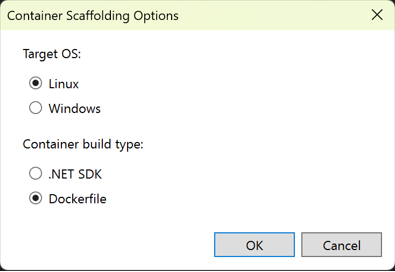 Screenshot showing the Container Scaffolding Options dialog for adding Docker support.