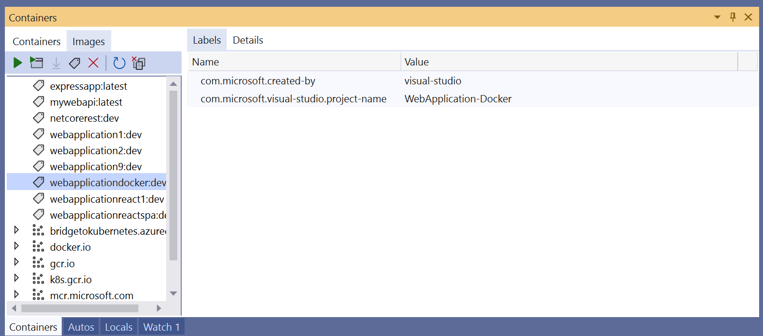 Screenshot: Fenster „Container“ mit Containerimages