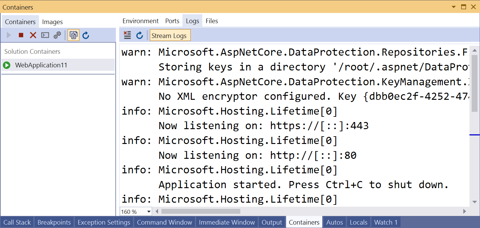 Screenshot: Registerkarte „Protokolle“ im Fenster „Container“