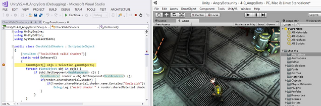 Screenshot mit der Übersicht über die Visual Studio-Tools für Unity und der Entwicklungsumgebung.
