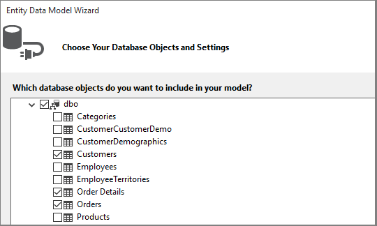 Screenshot der ausgewählten Datenbankobjekte des Datenmodells.