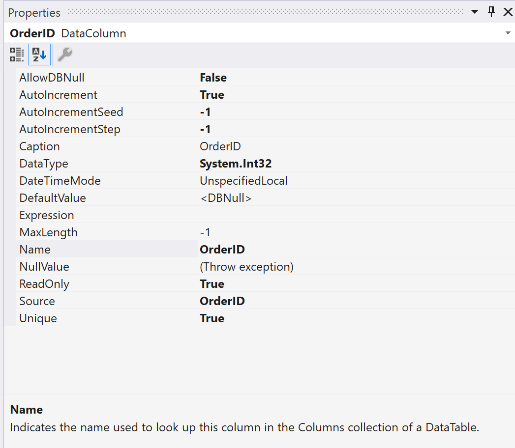 Screenshot, der die Eigenschaften der DataSet-Spalten zeigt.