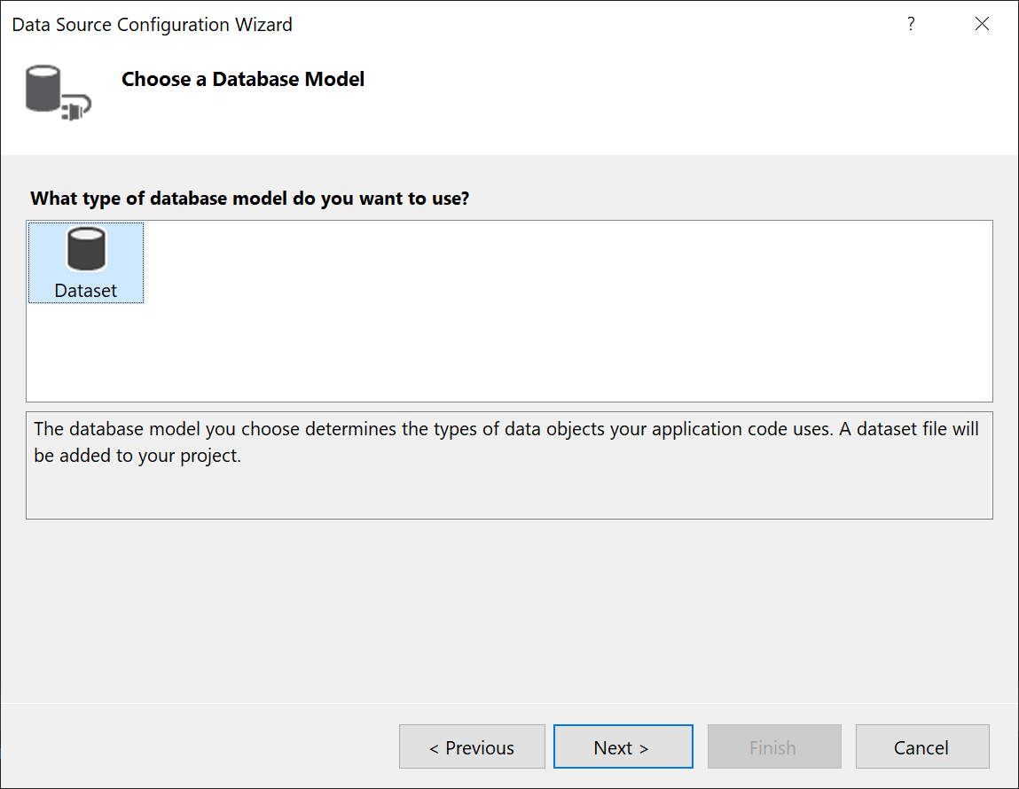 Screenshot, der zeigt, wie DataSet als Datenbankmodell ausgewählt wird.