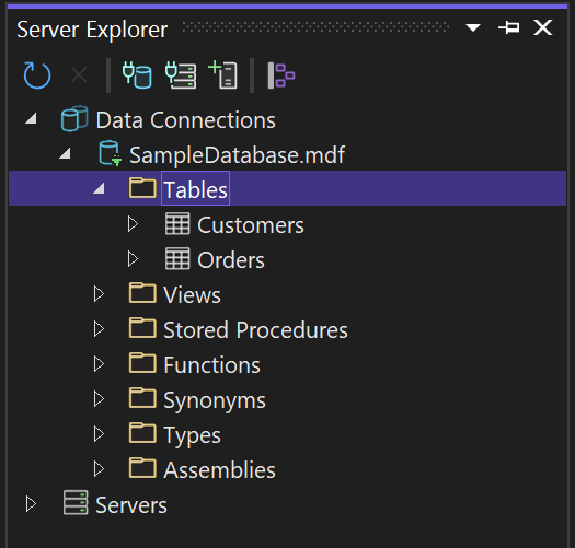 Erweiterter Knoten „Tabellen“ im Server-Explorer