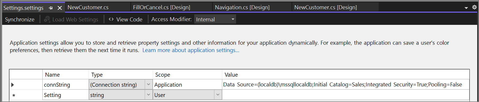 Screenshot: Verbindungszeichenfolge in „Settings.settings“