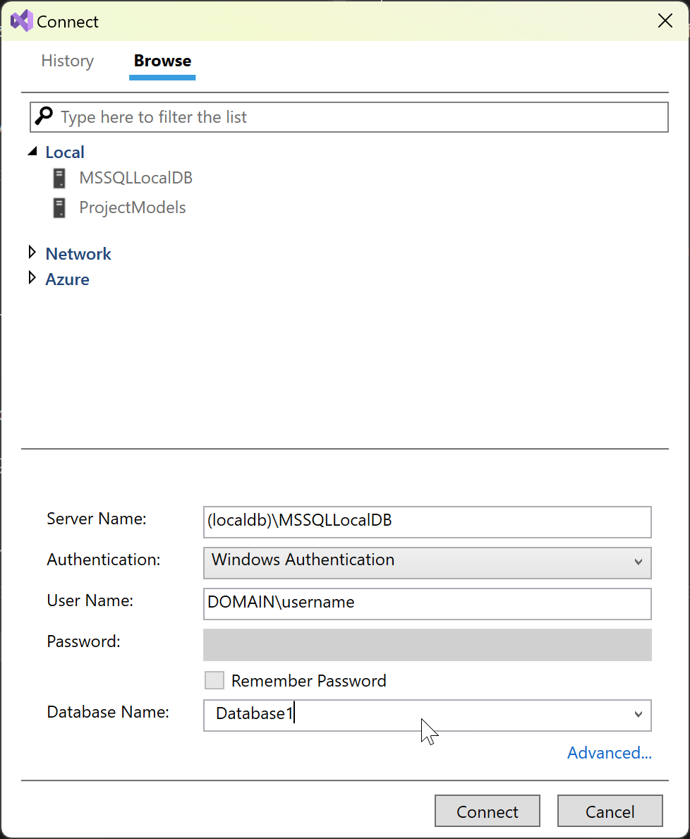 Screenshot: Dialogfeld „Verbinden“ von SQL Server-Objekt-Explorer