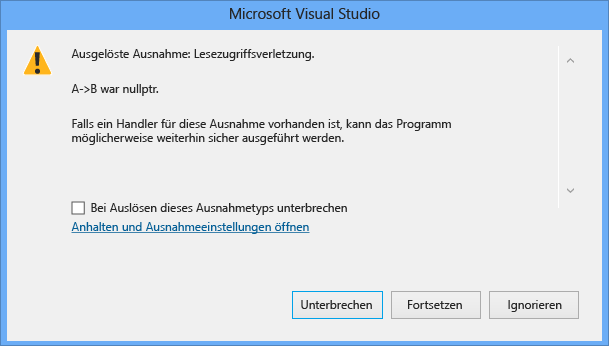Screenshot of a Microsoft Visual Studio exception dialog, showing a read access violation for 'A->B was nullptr'. The Break button is selected.