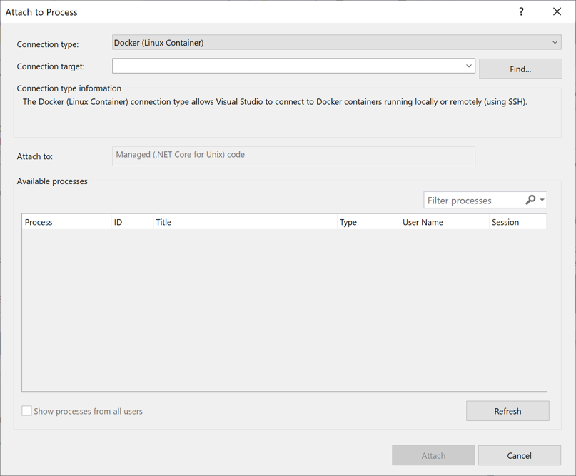 Screenshot des Dialogfelds „An Prozess anhängen“ in Visual Studio, das den Verbindungstyp „Docker (Linux-Container)“ zeigt