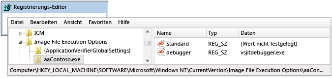 Automatic debugger start entry in regedit.exe