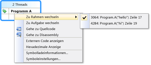 Screenshot of Shortcut menu in Parallel Stacks window.