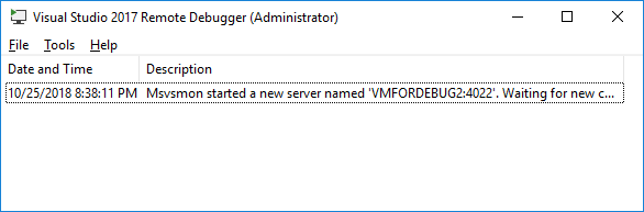 Screenshot: Fenster „Remotedebugger“ von Visual Studio 2017. Eine Aktion wird aufgeführt, die angibt, dass der Debugger auf dem Zielcomputer ausgeführt wird.